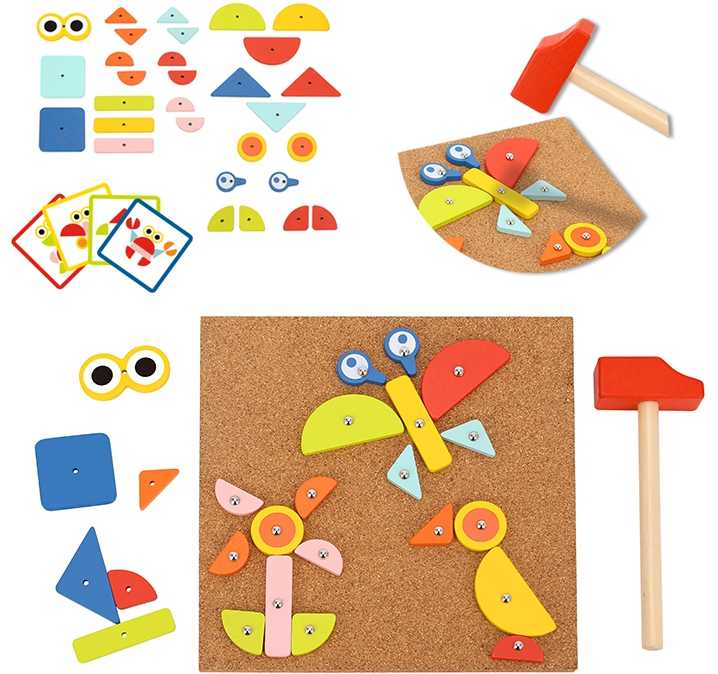 WOOPIE Žalias Wooden Nailing Hammer Puzzle 20 Patterns 82 Pieces FSC Certified