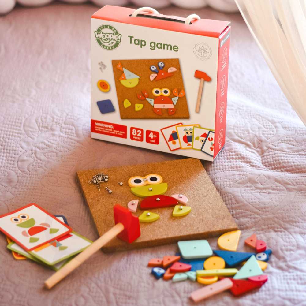 WOOPIE Žalias Wooden Nailing Hammer Puzzle 20 Patterns 82 Pieces FSC Certified