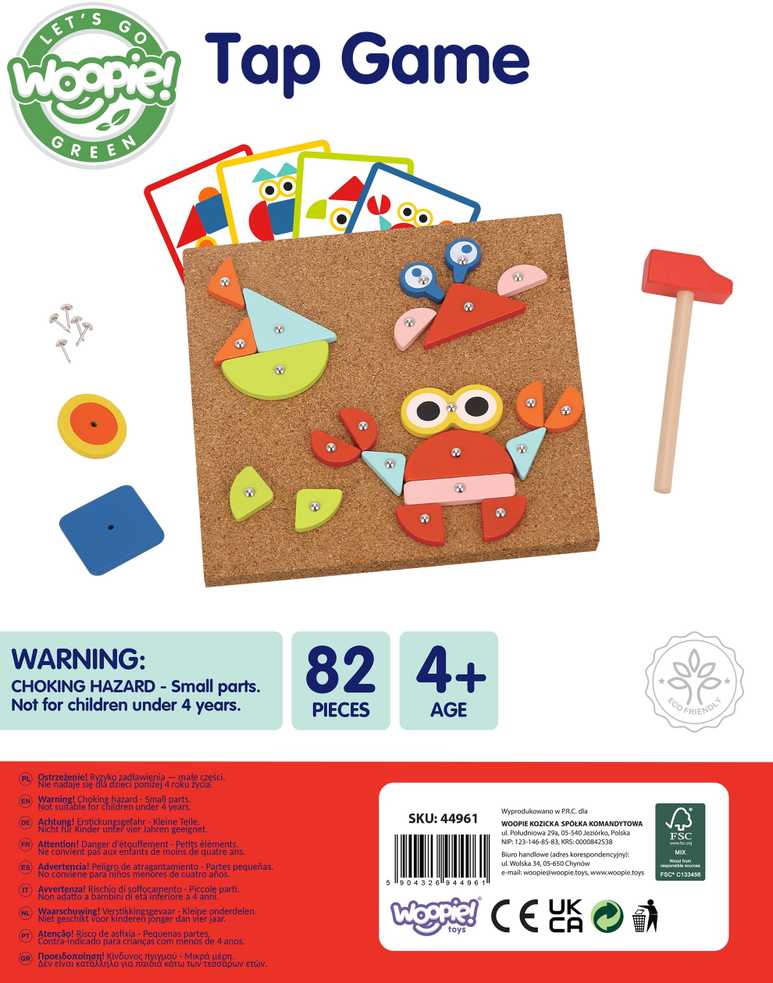 WOOPIE Žalias Wooden Nailing Hammer Puzzle 20 Patterns 82 Pieces FSC Certified