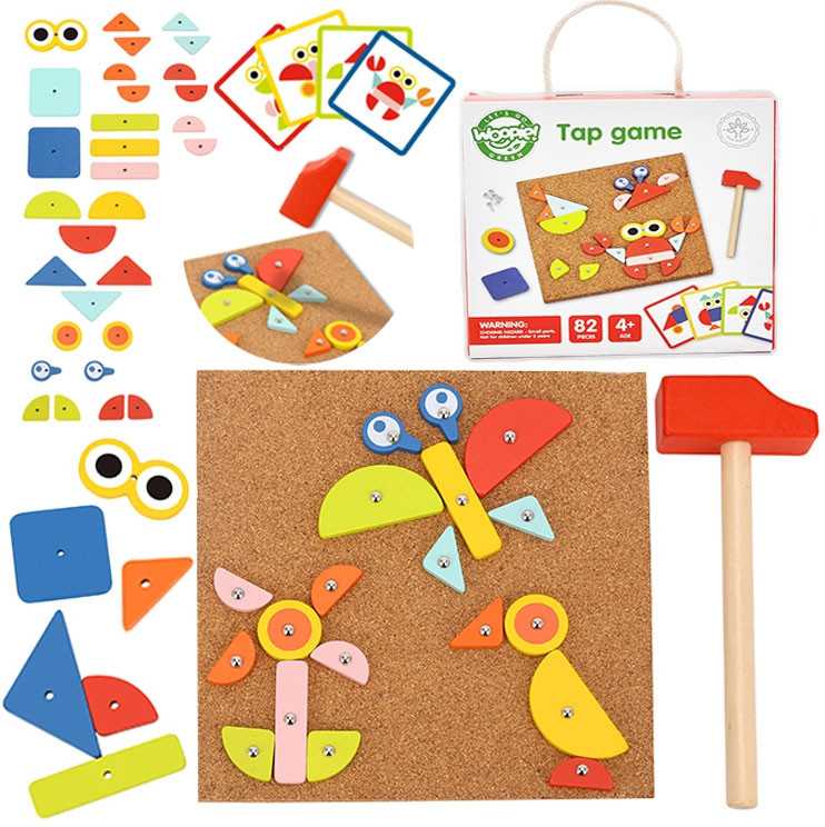 WOOPIE Žalias Wooden Nailing Hammer Puzzle 20 Patterns 82 Pieces FSC Certified