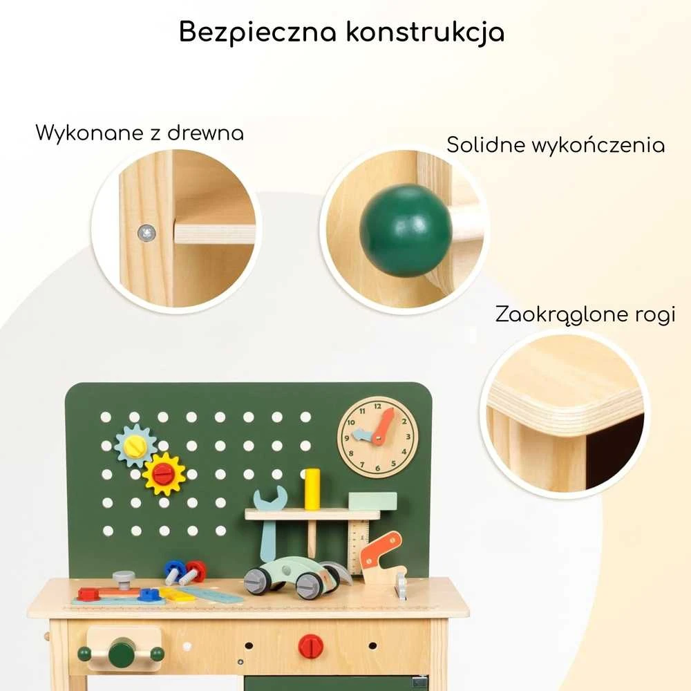 Medinis vaikiškas darbo stalas su įrankiais WOOPIE Žalias