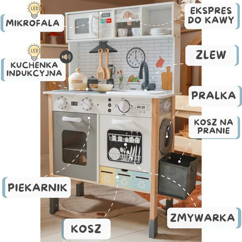 Medinė vaikiška virtuvėlė Woopie Žalias „Devyni viename“ su skalbimo mašina ir piešimo lenta