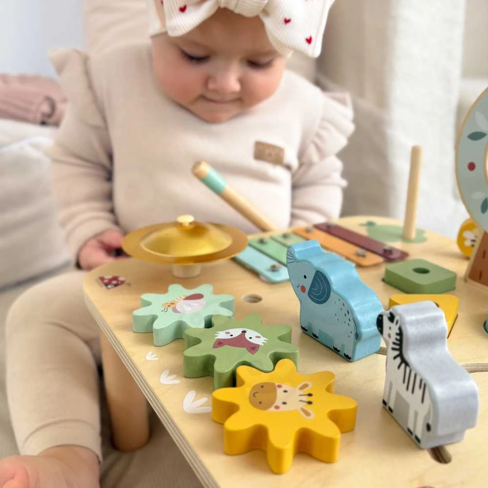 Medinis edukacinis staliukas WOOPIE Žalias muzikinis sensorinis labirintas 5in1