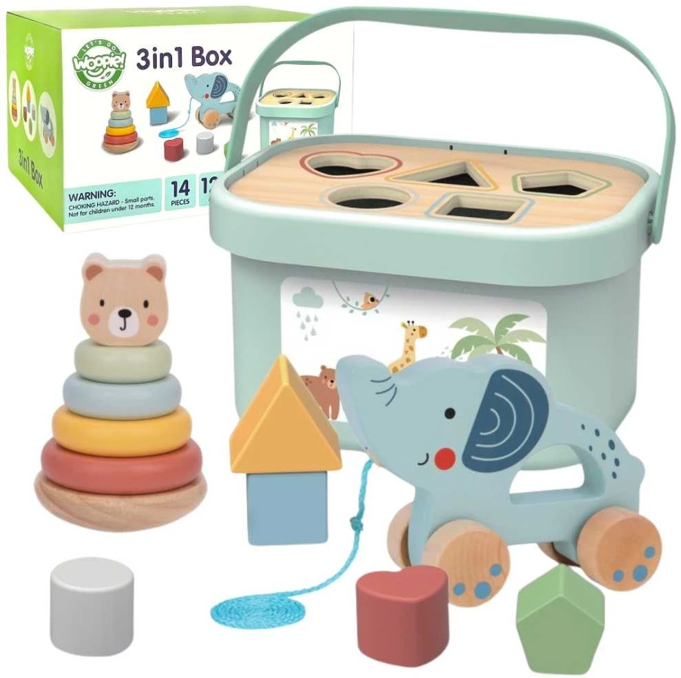 Woopie Tooky Toy Medinis žaislas 3in1: formų rūšiavimo dėžė su lokiu ir dramblio traukimo žaislu