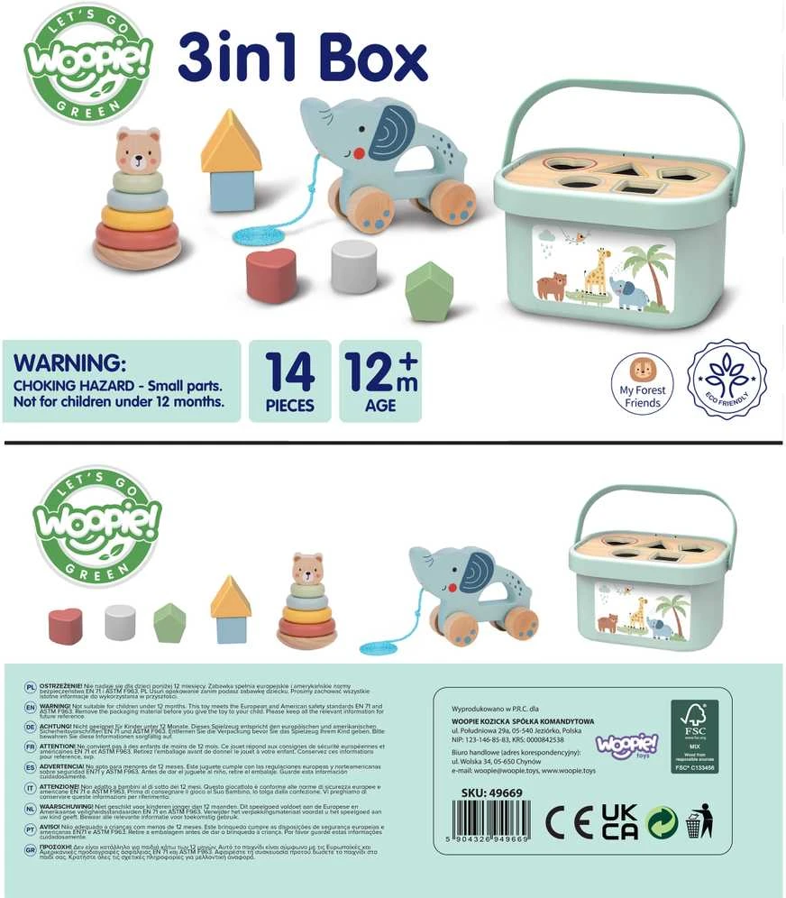 Woopie Tooky Toy Medinis žaislas 3in1: formų rūšiavimo dėžė su lokiu ir dramblio traukimo žaislu