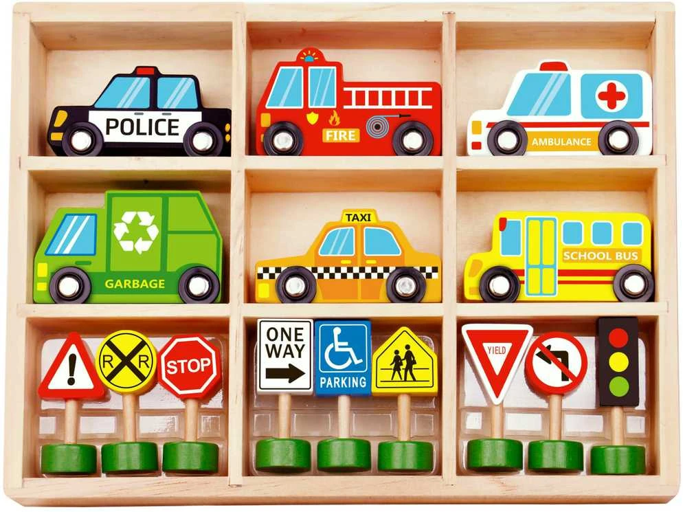Woopie Žalias Medinės Transporto Priemonės ir Kelių Ženklų Rinkinys