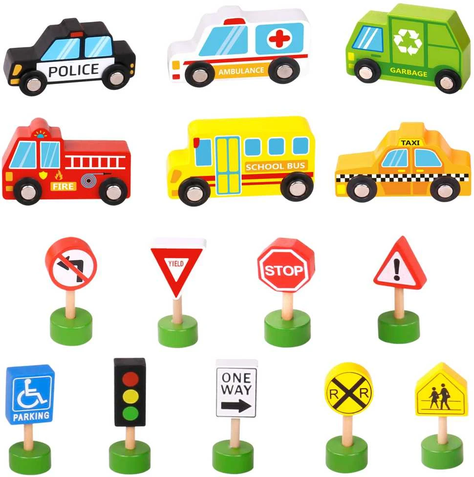 Woopie Žalias Medinės Transporto Priemonės ir Kelių Ženklų Rinkinys