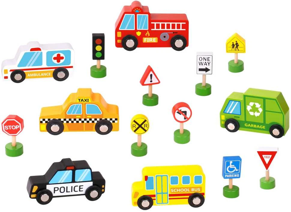 Woopie Žalias Medinės Transporto Priemonės ir Kelių Ženklų Rinkinys