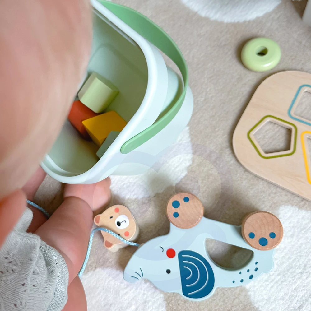 Woopie Tooky Toy Medinis žaislas 3in1: formų rūšiavimo dėžė su lokiu ir dramblio traukimo žaislu