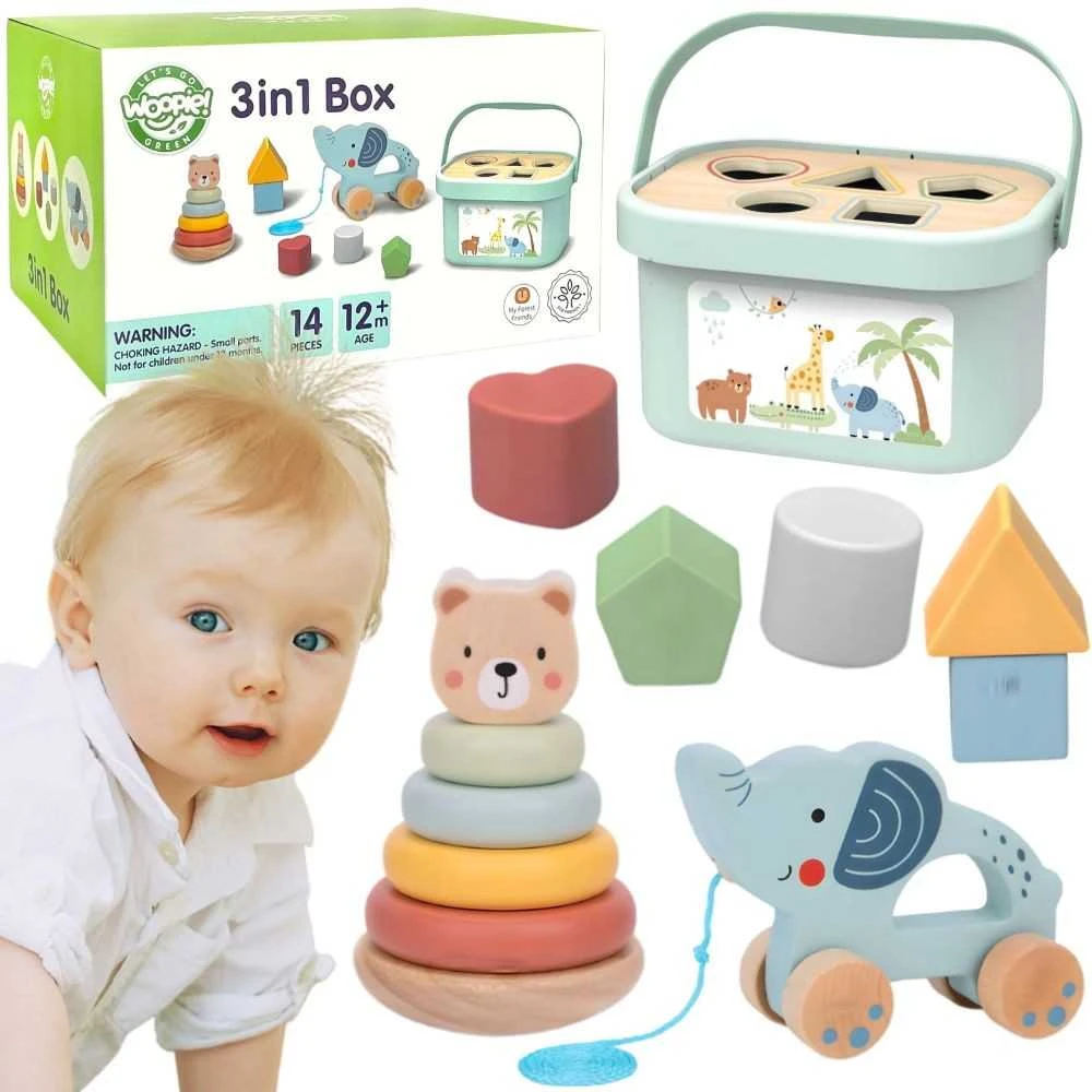 Woopie Tooky Toy Medinis žaislas 3in1: formų rūšiavimo dėžė su lokiu ir dramblio traukimo žaislu
