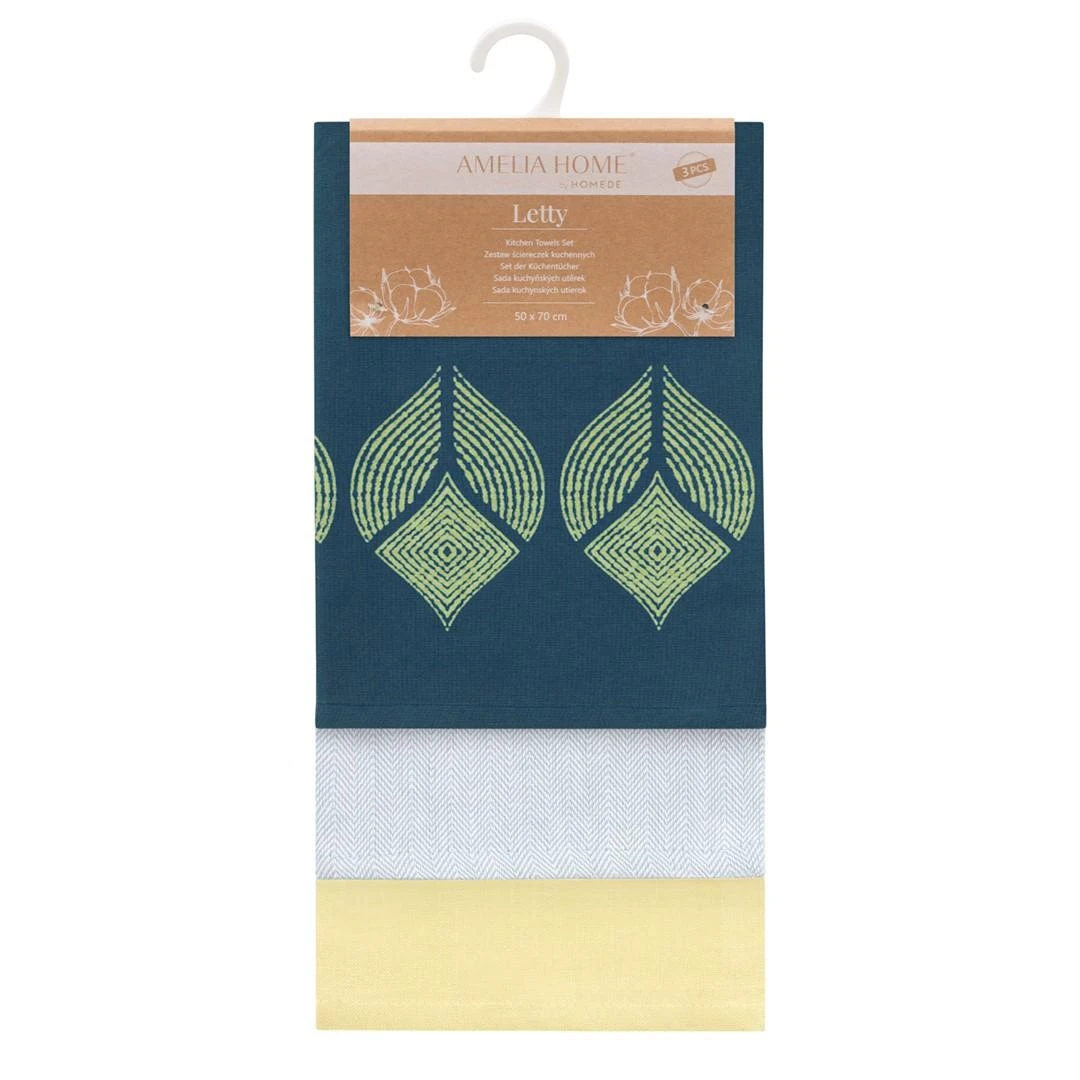 AmeliaHome Medvilninės virtuvinės šluostės MIX Stamp, geltonos ir mėlynos, 3 vnt., 50×70 cm