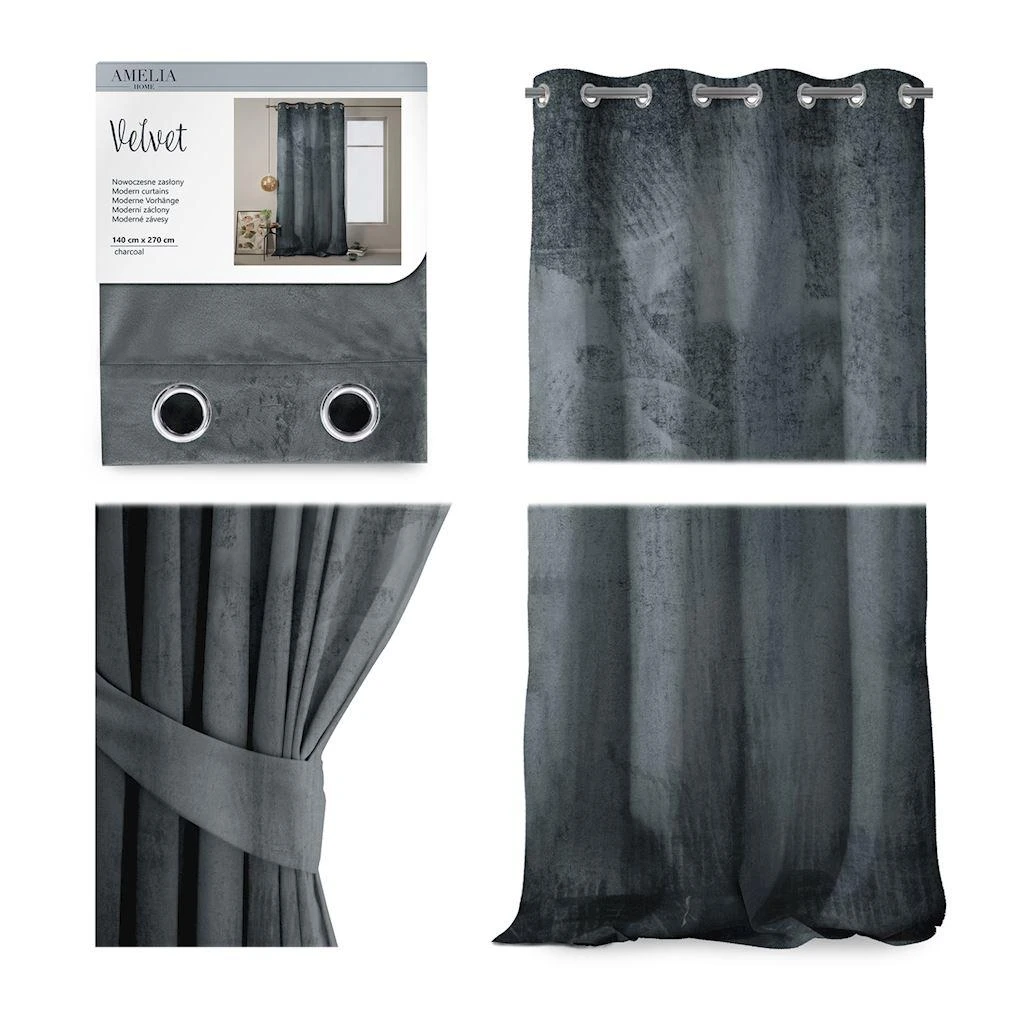 Naktinė užuolaida su žiedais AmeliaHome VELVET 140X270 cm, 1 vnt., spalva: grafito