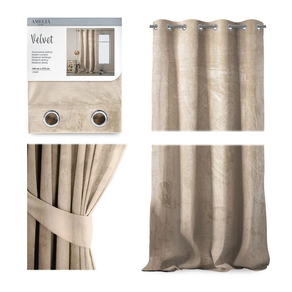 Naktinė užuolaida su žiedais AmeliaHome VELVET 140X270 cm, 1 vnt., spalva: kreminė