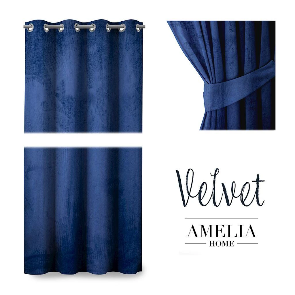 Naktinė užuolaida su žiedais AmeliaHome VELVET 140X245 cm, 1 vnt., spalva: tamsiai mėlyna