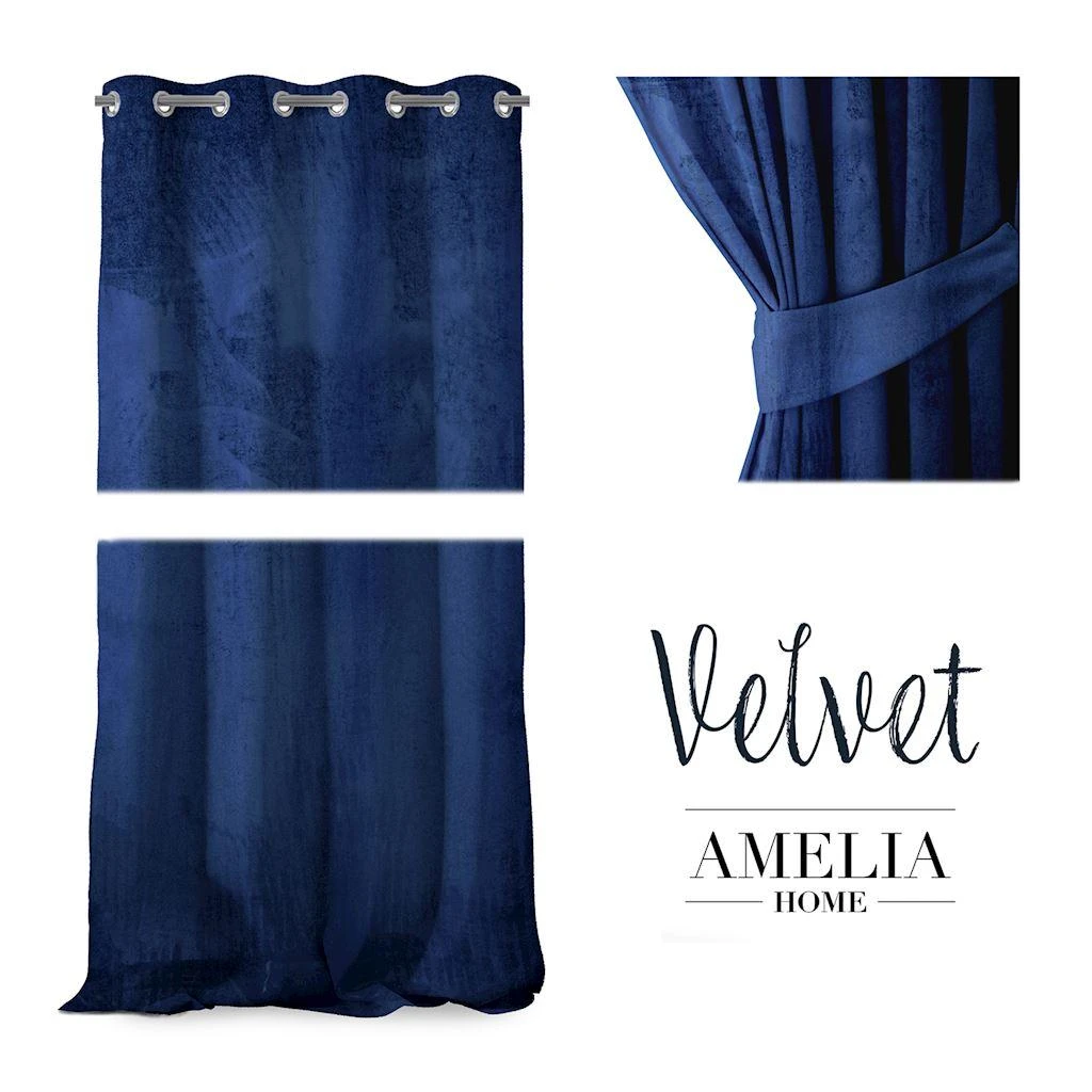 Naktinė užuolaida su žiedais AmeliaHome VELVET 140X270 cm, 1 vnt., spalva: tamsiai mėlyna