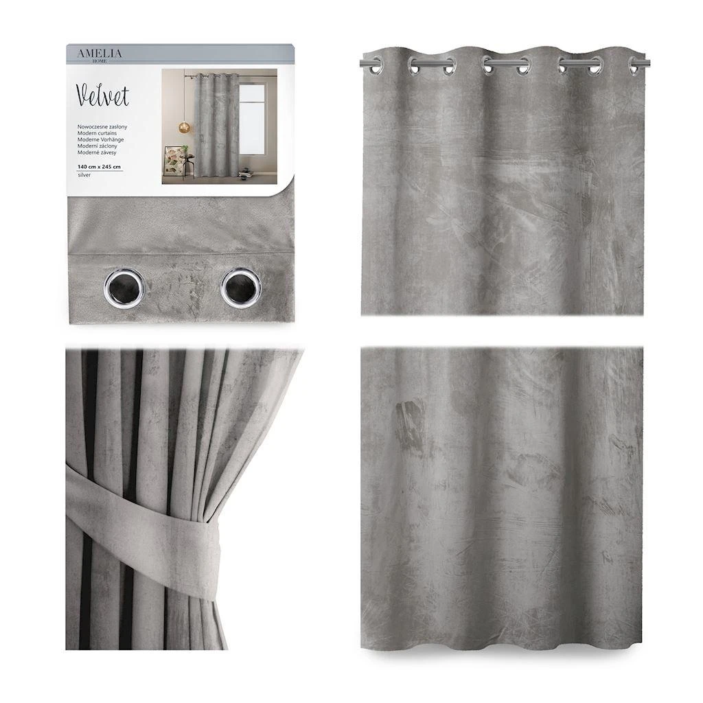 Naktinė užuolaida su žiedais AmeliaHome VELVET 140X245 cm, 1 vnt., spalva: sidabrinė