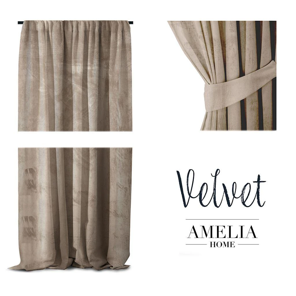 Naktinė užuolaida AmeliaHome VELVET 140X270 cm, 1 vnt., juosta/kabliukai, spalva: smėlio