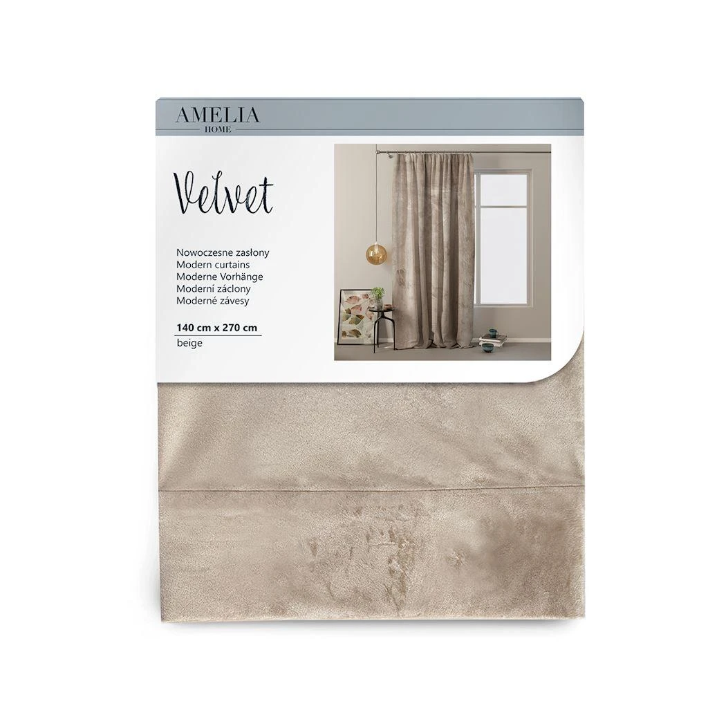 Naktinė užuolaida AmeliaHome VELVET 140X270 cm, 1 vnt., juosta/kabliukai, spalva: smėlio