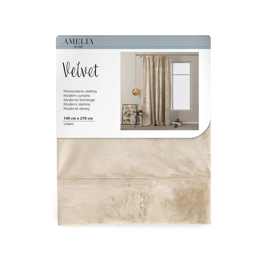 Naktinė užuolaida AmeliaHome VELVET 140X270 cm, 1 vnt., juosta/kabliukai, spalva: kreminė