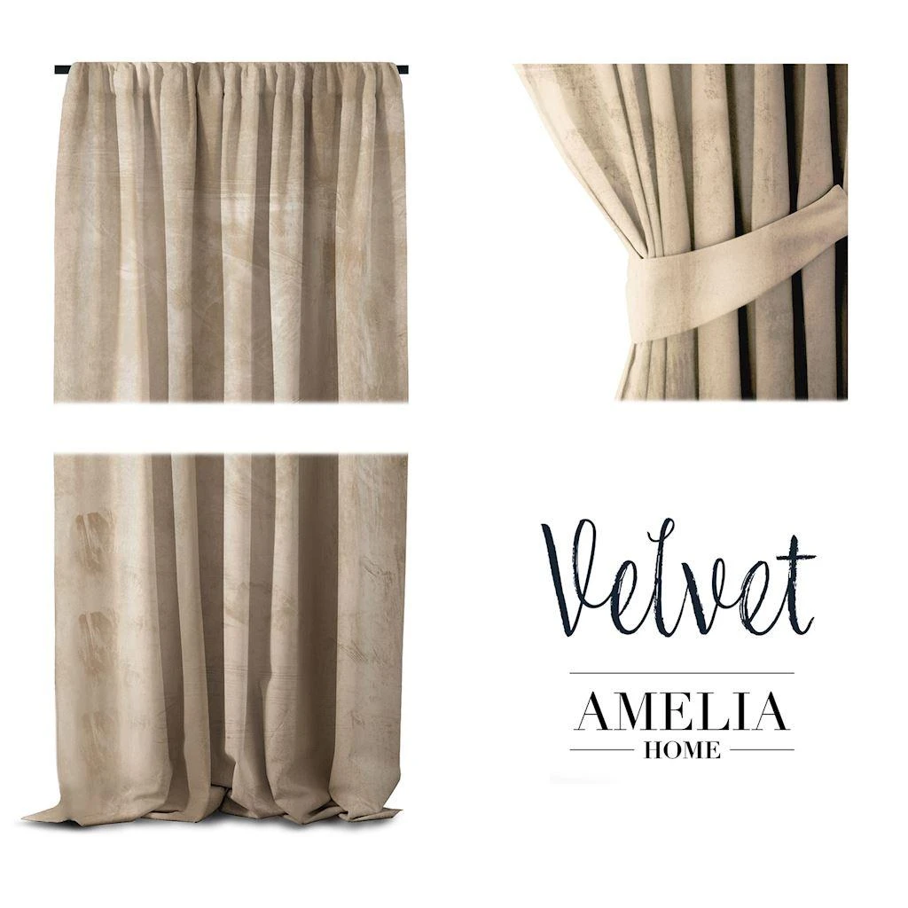 Naktinė užuolaida AmeliaHome VELVET 140X270 cm, 1 vnt., juosta/kabliukai, spalva: kreminė aprašymas - Prekės nuotrauka