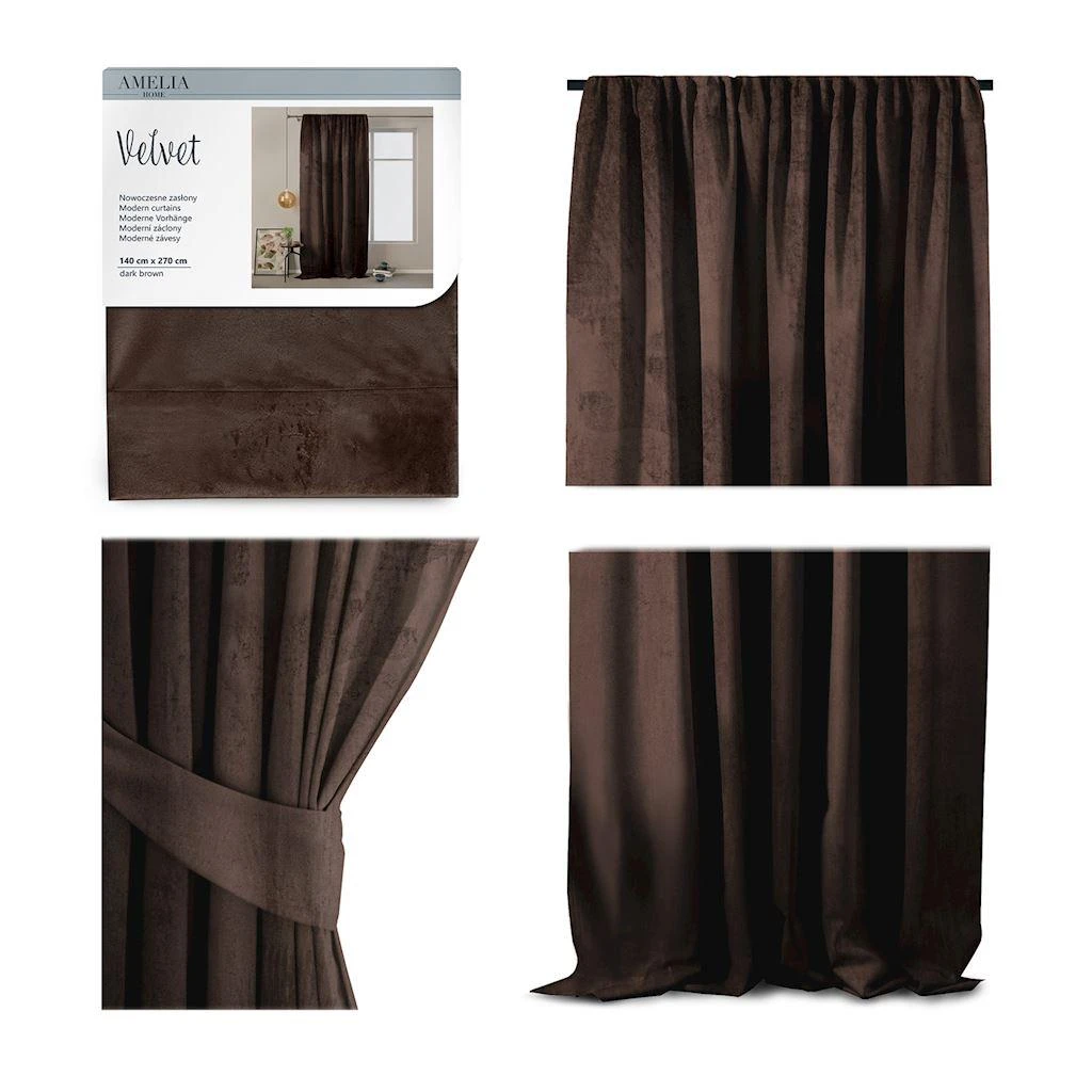 Naktinė užuolaida AmeliaHome VELVET 140X270 cm, 1 vnt., juosta/kabliukai, spalva: tamsiai ruda