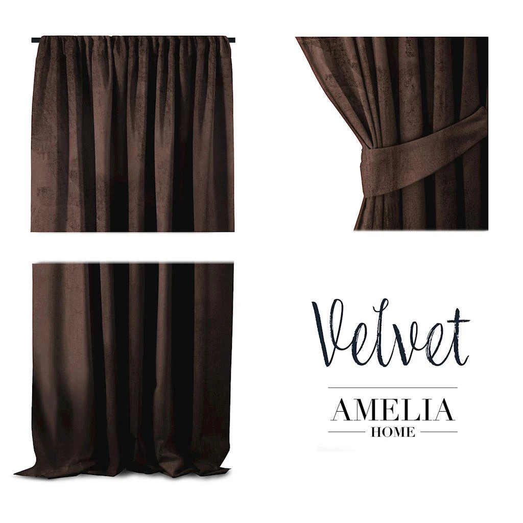 Naktinė užuolaida AmeliaHome VELVET 140X270 cm, 1 vnt., juosta/kabliukai, spalva: tamsiai ruda