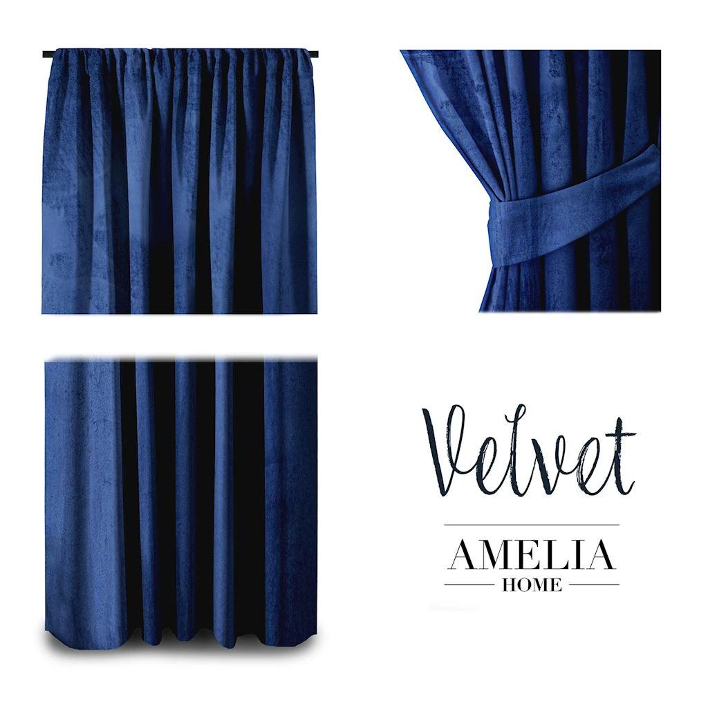 Naktinė užuolaida AmeliaHome VELVET 140X245 cm, 1 vnt., juosta/kabliukai, spalva: tamsiai mėlyna