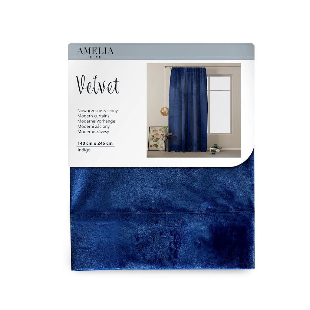 Naktinė užuolaida AmeliaHome VELVET 140X245 cm, 1 vnt., juosta/kabliukai, spalva: tamsiai mėlyna