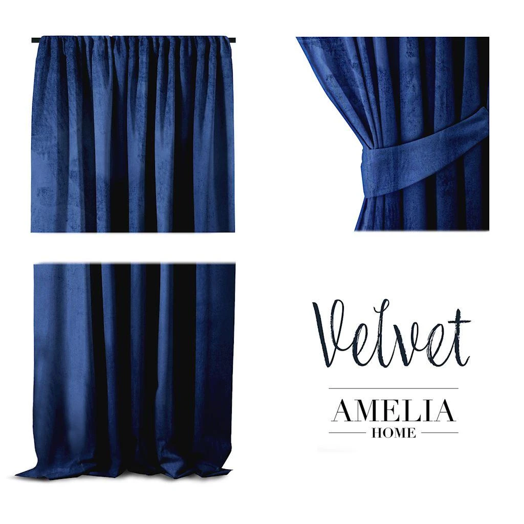 Naktinė užuolaida AmeliaHome VELVET 140X270 cm, 1 vnt., juosta/kabliukai, spalva: tamsiai mėlyna