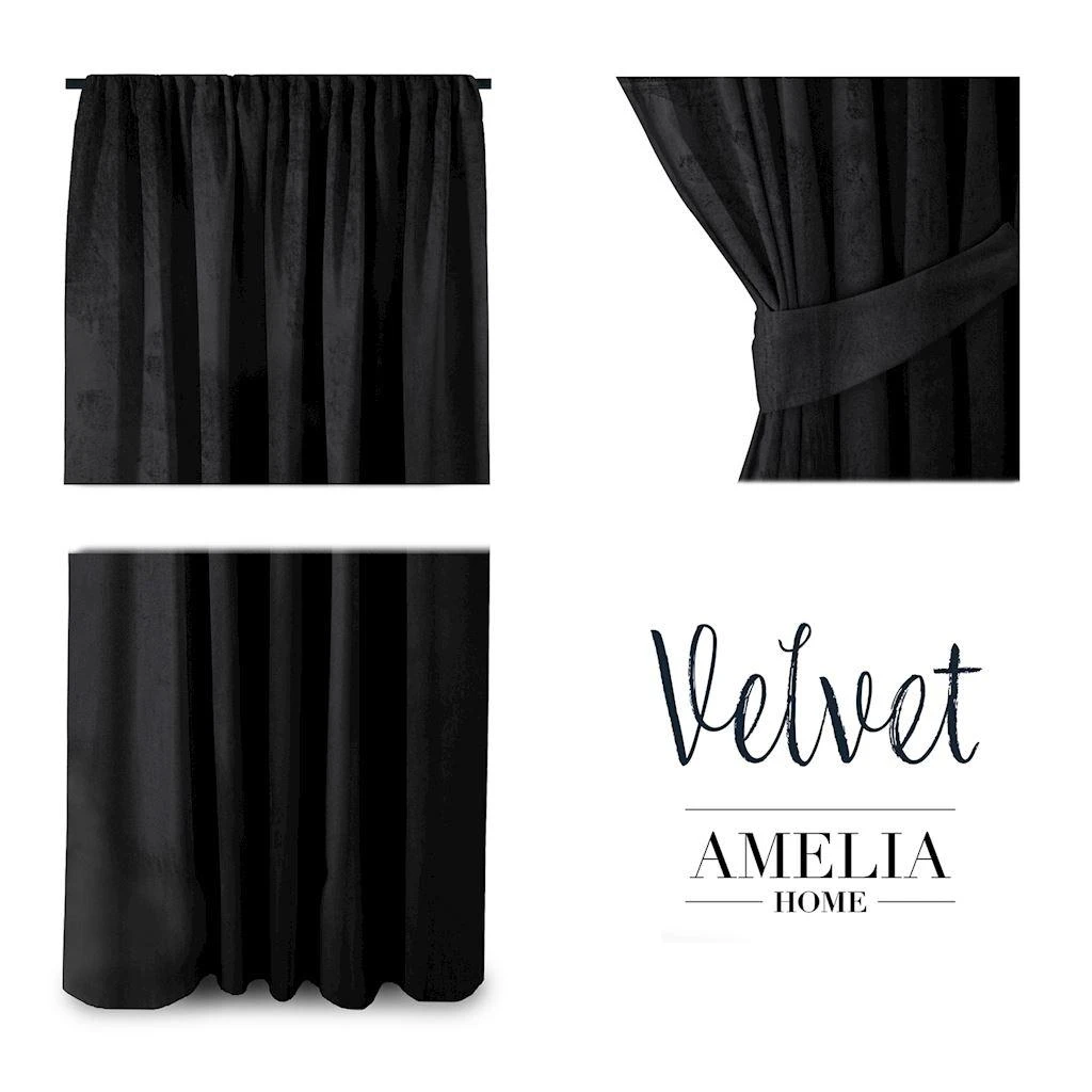 Naktinė užuolaida AmeliaHome VELVET 140X245 cm, 1 vnt., juosta/kabliukai, spalva: juoda