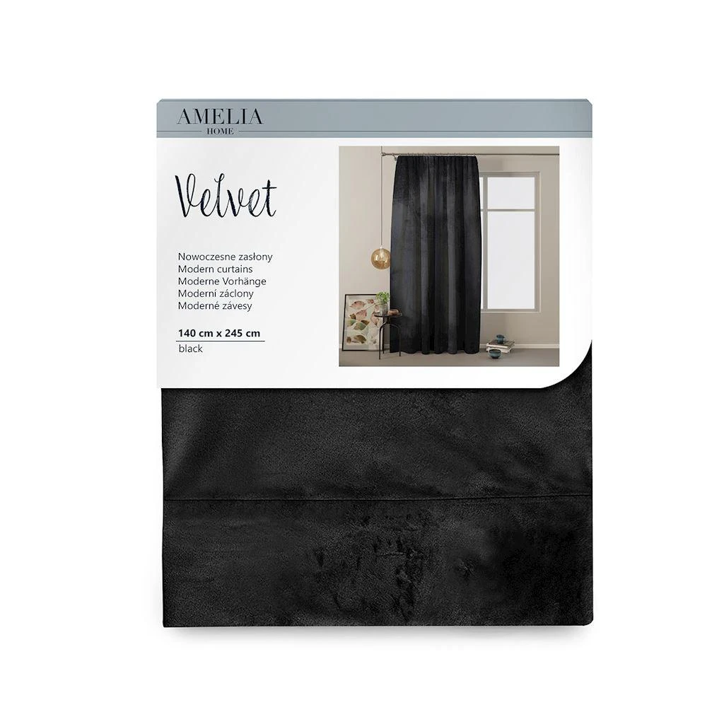 Naktinė užuolaida AmeliaHome VELVET 140X245 cm, 1 vnt., juosta/kabliukai, spalva: juoda