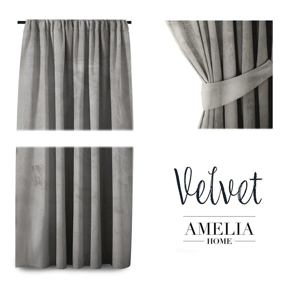 Naktinė užuolaida AmeliaHome VELVET 140X245 cm, 1 vnt., juosta/kabliukai, spalva: sidabrinė