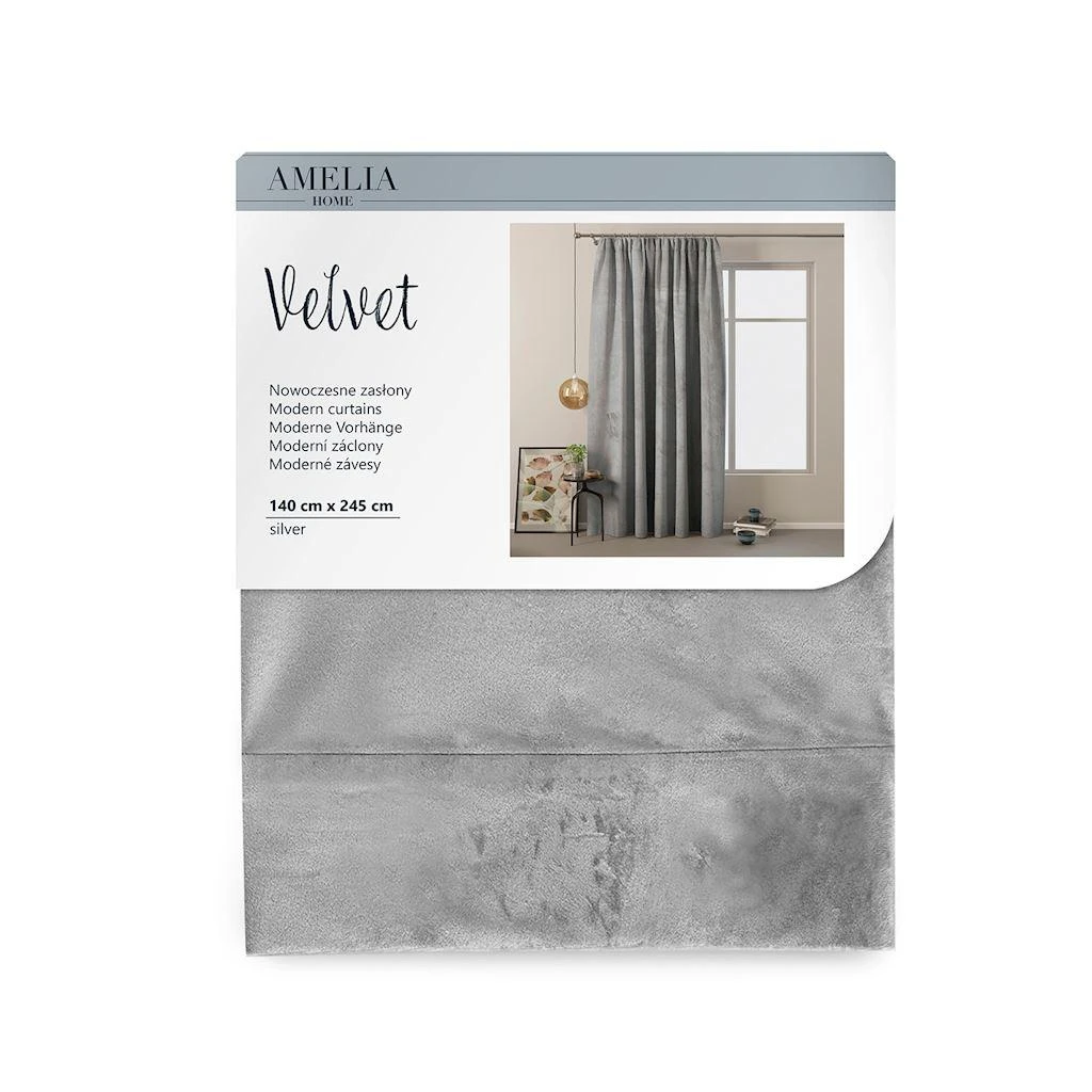 Naktinė užuolaida AmeliaHome VELVET 140X245 cm, 1 vnt., juosta/kabliukai, spalva: sidabrinė
