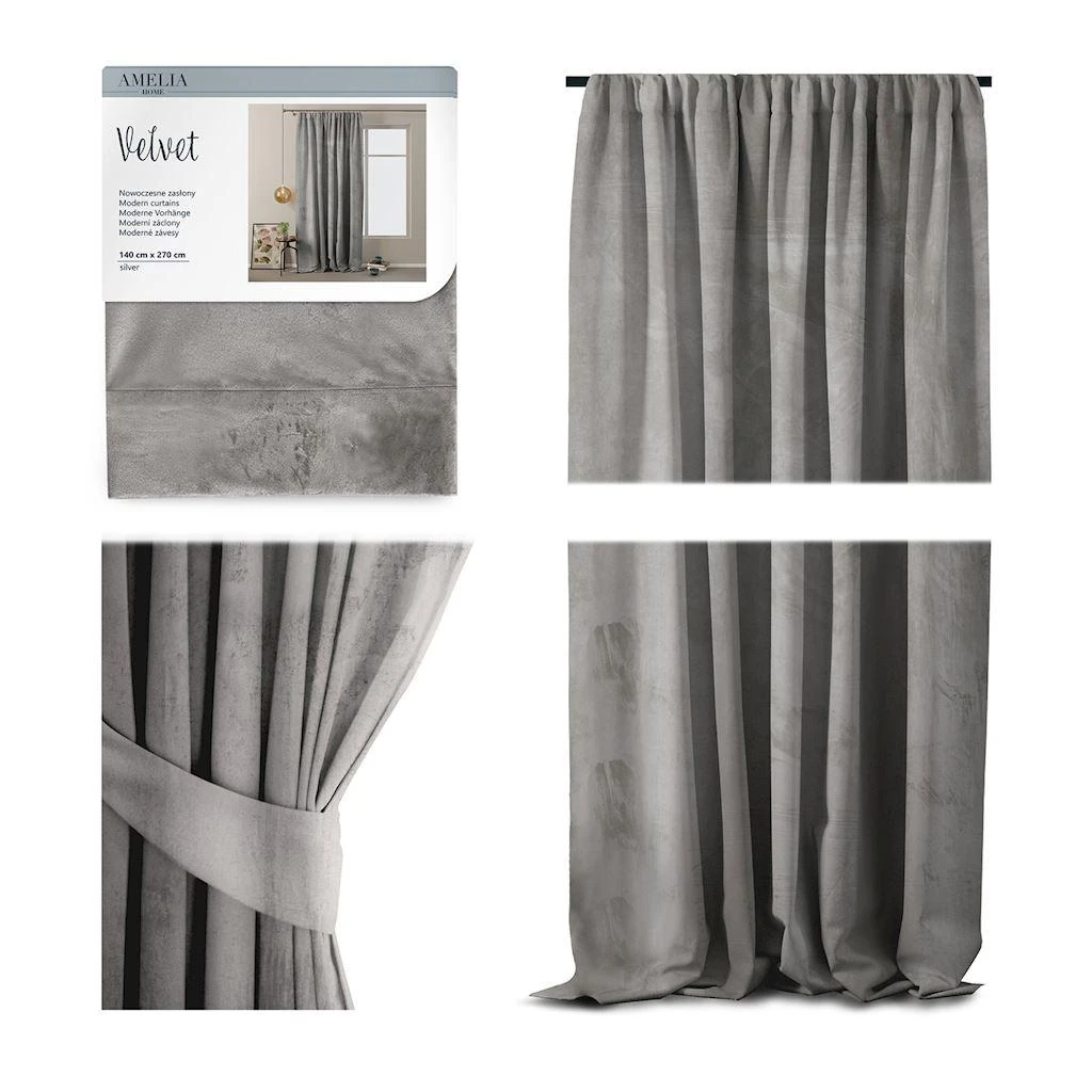 Naktinė užuolaida AmeliaHome VELVET 140X270 cm, 1 vnt., juosta/kabliukai, spalva: sidabrinė