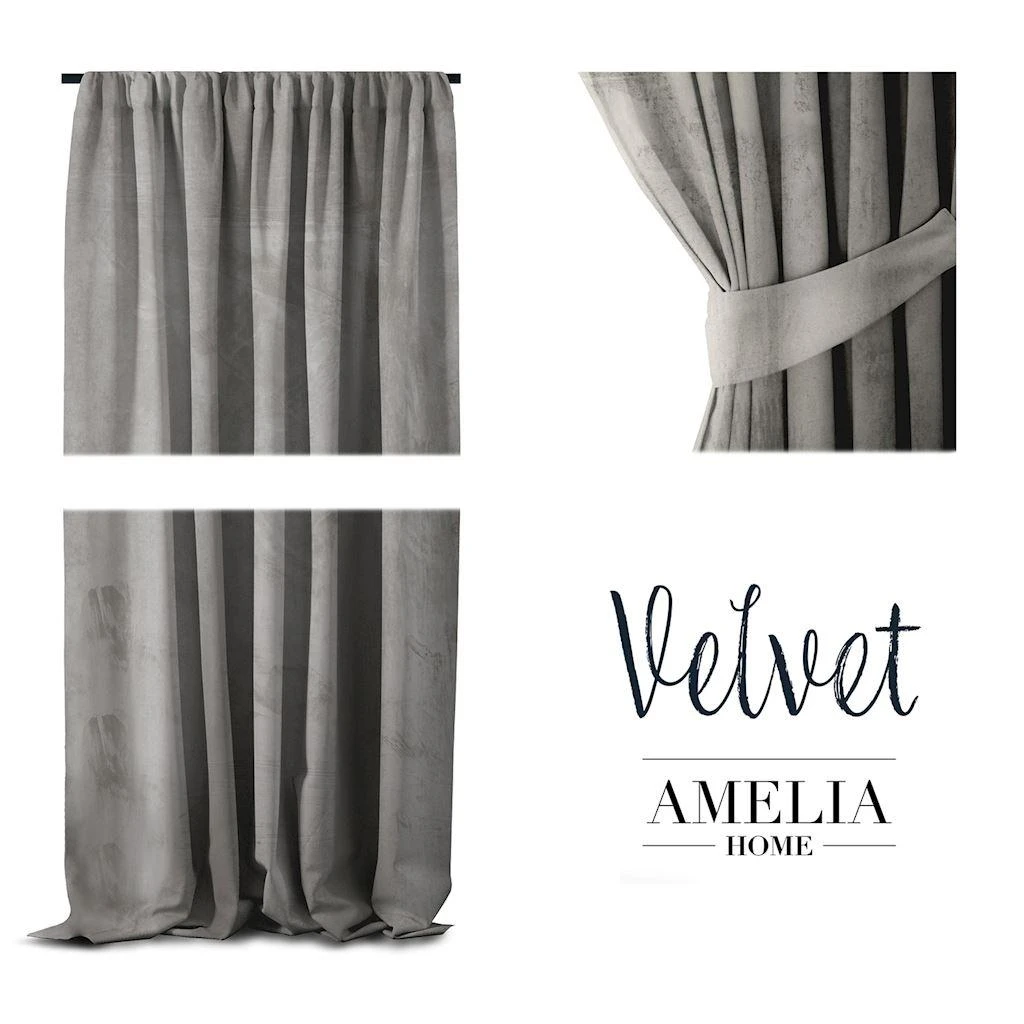 Naktinė užuolaida AmeliaHome VELVET 140X270 cm, 1 vnt., juosta/kabliukai, spalva: sidabrinė