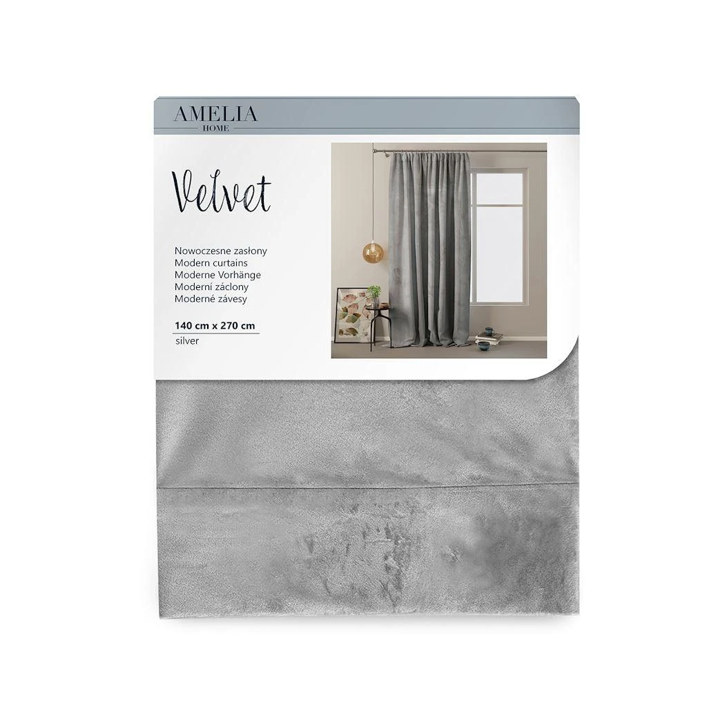 Naktinė užuolaida AmeliaHome VELVET 140X270 cm, 1 vnt., juosta/kabliukai, spalva: sidabrinė