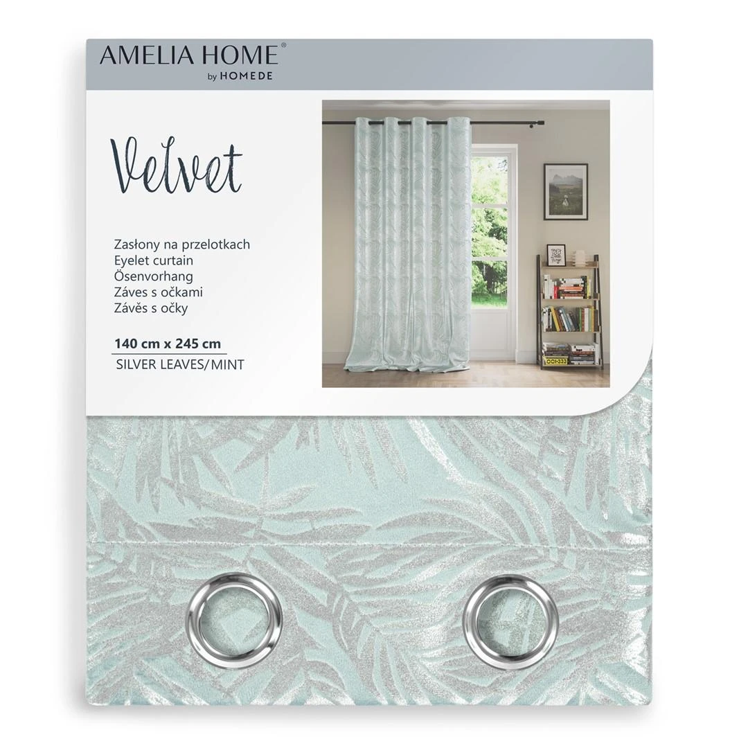 AmeliaHome Užuolaida su žiedais Velvet sidabrinių lapų raštu mėtinės spalvos
