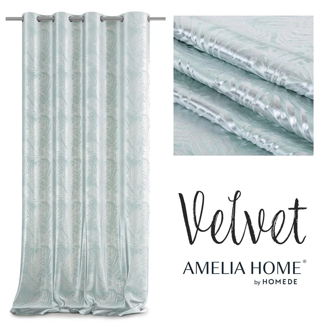 AmeliaHome Užuolaida su žiedais Velvet sidabrinių lapų raštu mėtinės spalvos
