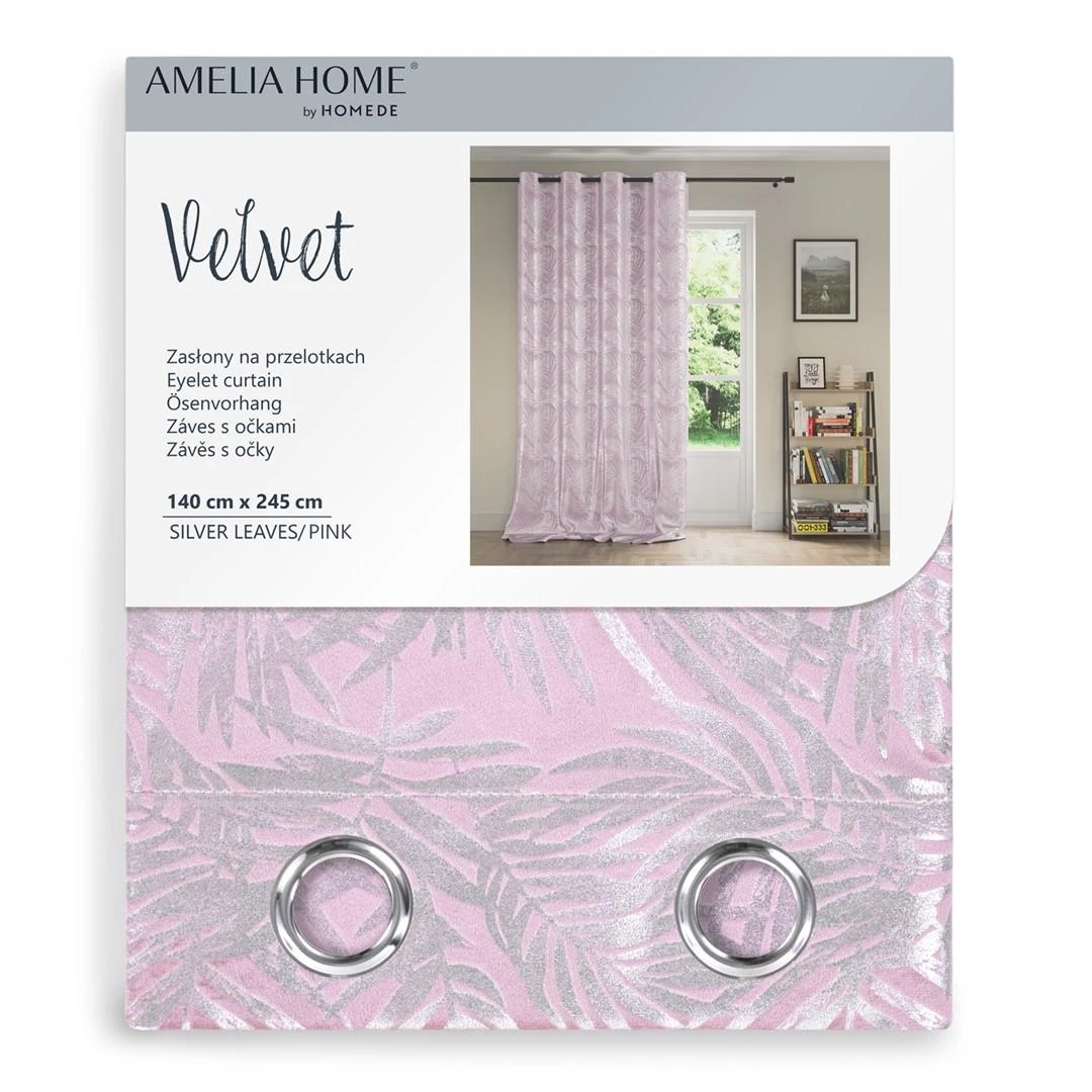 AmeliaHome Užuolaida su žiedais rožinės spalvos su sidabriniais lapais Velvet