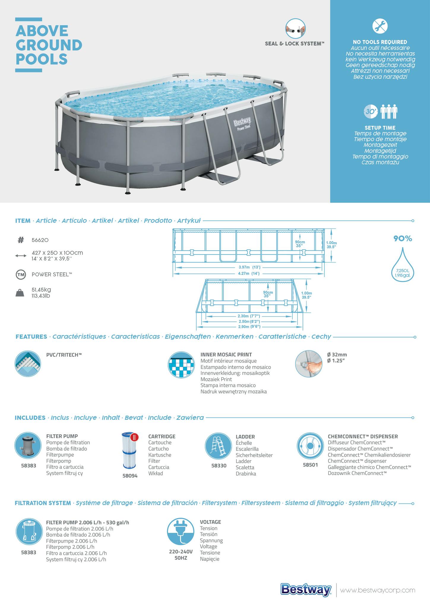 Bestway 56620 "Power Steel" 427 x 250 x 100 cm, ovalaus baseino rinkinys