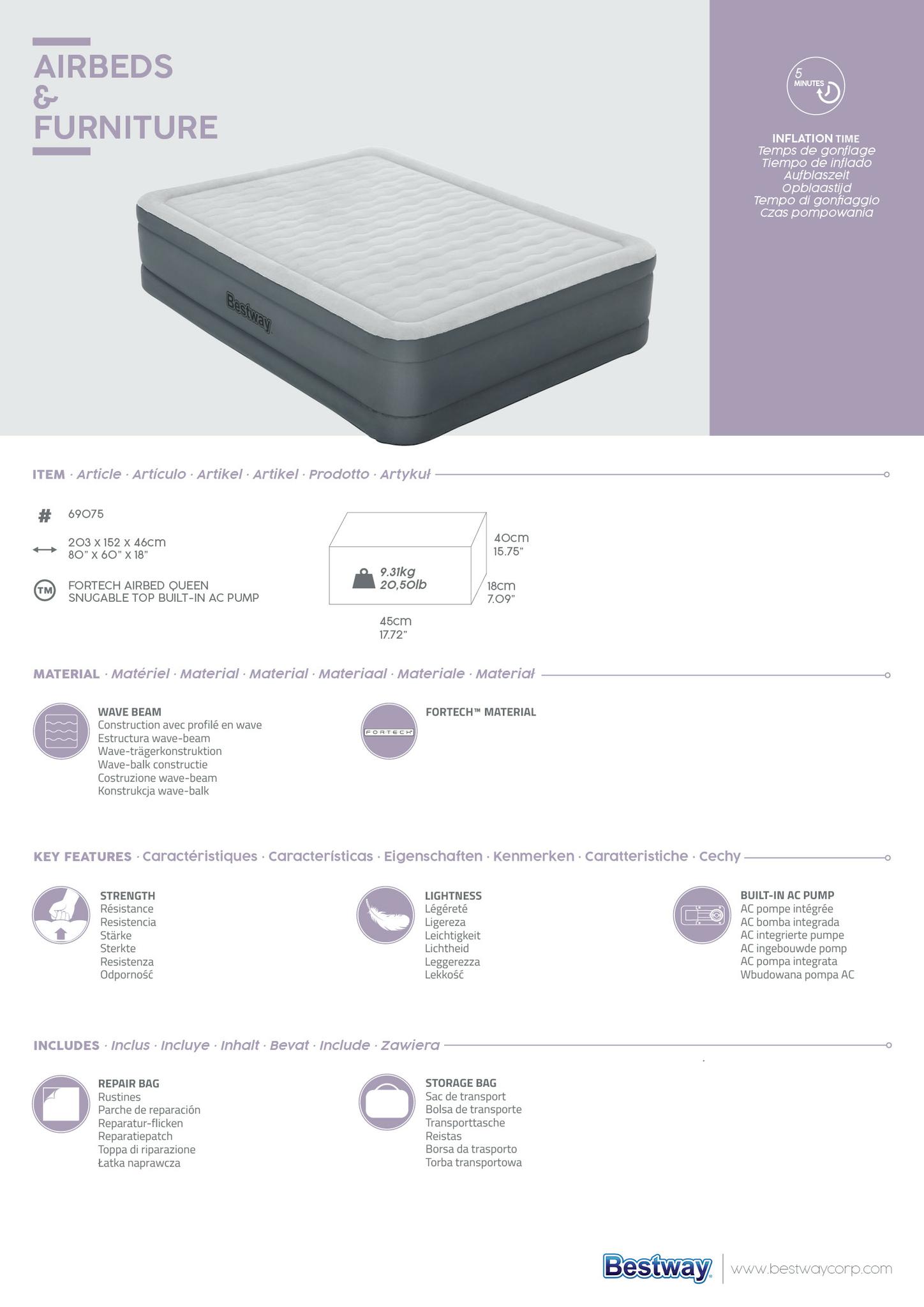 "Bestway® Fortech™" Pripučiamas dvivietis čiužinys "Snugable Top™" įmontuotas kintamosios srovės siurblys, 203 x 152 x 46 cm