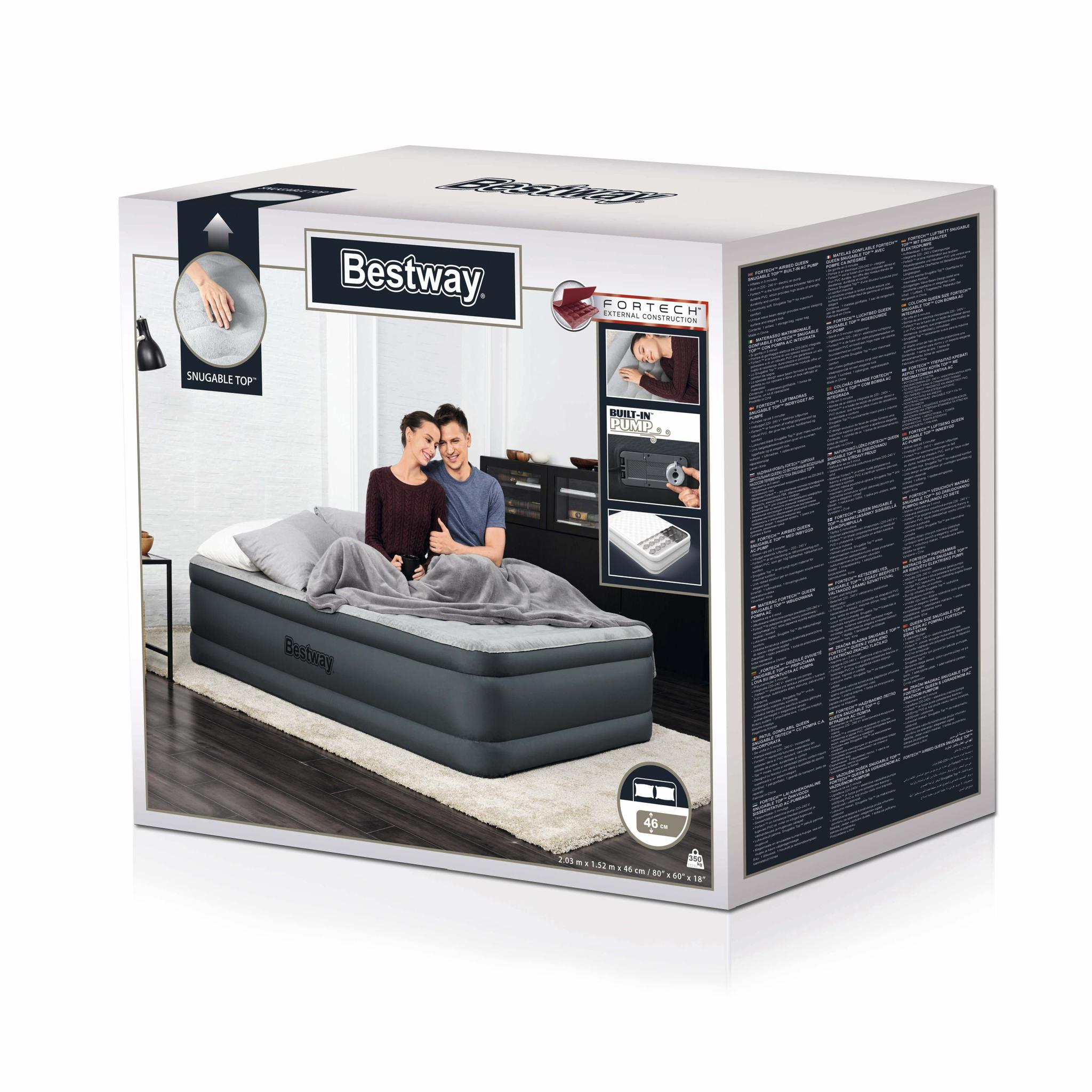 "Bestway® Fortech™" Pripučiamas dvivietis čiužinys "Snugable Top™" įmontuotas kintamosios srovės siurblys, 203 x 152 x 46 cm