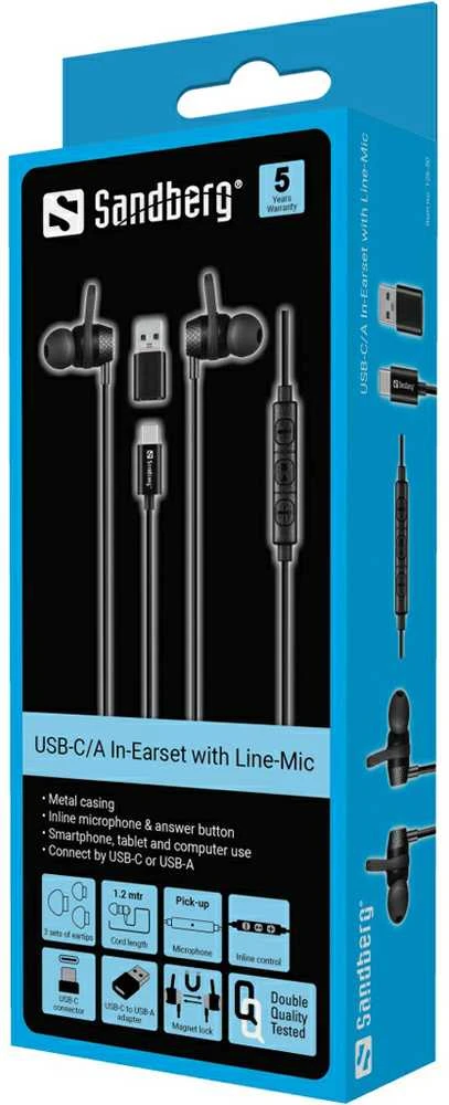 Sandberg ausinės su USB-C/A adapteriu ir valdymo pulteliu