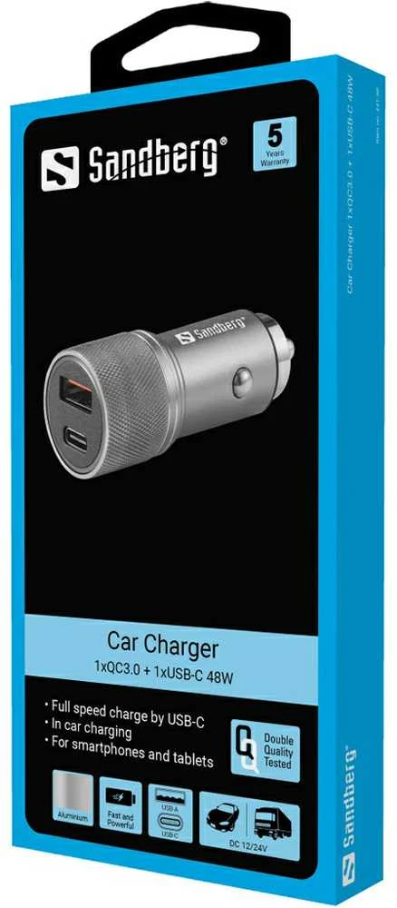 „Sandberg“ automobilinis įkroviklis 1xQC3.0 + 1xUSB-C 48W