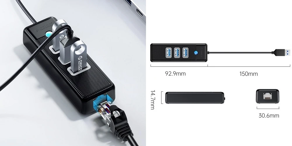 Adapteris ORICO PW3UR-U3, 3x USB ir 1x RJ45 aprašymas - Prekės nuotrauka