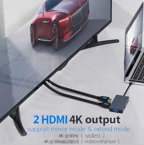 Extra Digital Adapteris USB Type-C - 2x HDMI, 1x VGA, 1x USB Type-A, 1x USB Type-C PD60W aprašymas - Prekės nuotrauka