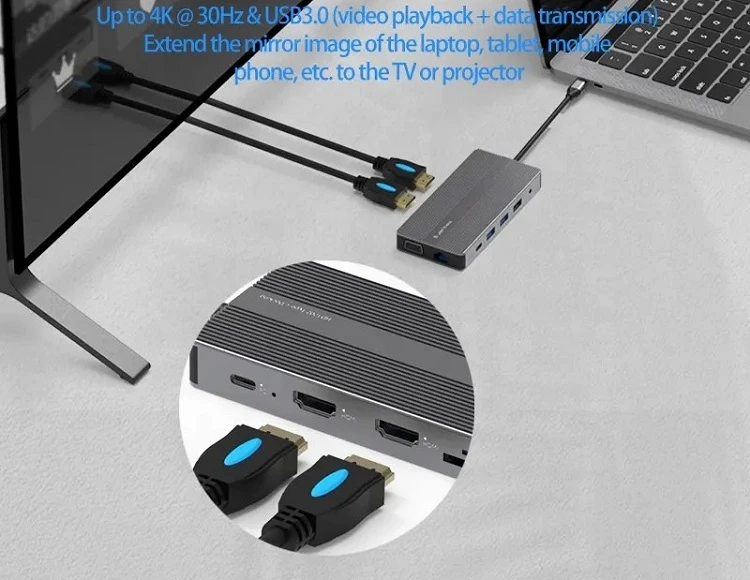 Extra Digital Adapteris USB Type-C - 2x HDMI, VGA, LAN, 3x USB Type-A, SD, TF, USB Type-C PD100W, Aux aprašymas - Prekės nuotrauka
