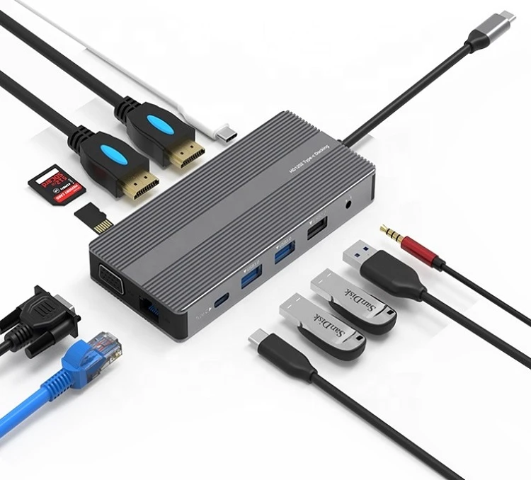 Extra Digital Adapteris USB Type-C - 2x HDMI, VGA, LAN, 3x USB Type-A, SD, TF, USB Type-C PD100W, Aux aprašymas - Prekės nuotrauka
