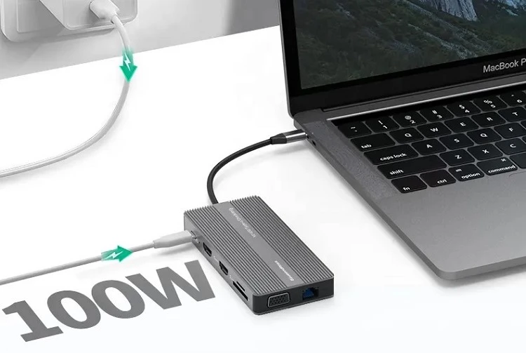 Extra Digital Adapteris USB Type-C - 2x HDMI, VGA, LAN, 3x USB Type-A, SD, TF, USB Type-C PD100W, Aux aprašymas - Prekės nuotrauka