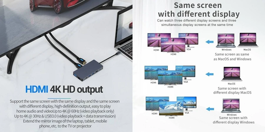 Extra Digital Adapteris USB Type-C - 2x HDMI, VGA, LAN, 3x USB Type-A, SD, TF, USB Type-C PD100W, Aux aprašymas - Prekės nuotrauka